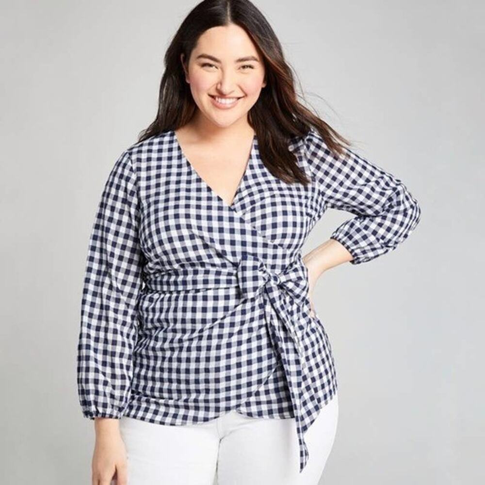 Lane Bryant Wrap Top 22 24 Blue Gingham Print Long Sleeve Cotton Blend